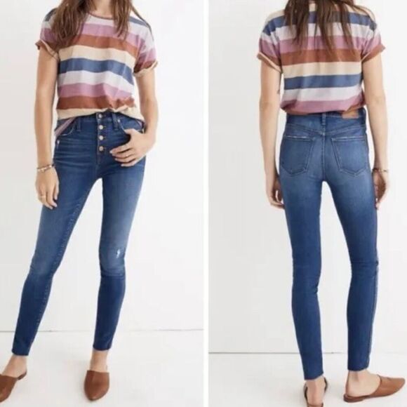 Madewell Dark Wash Distressed Denim Button Fly 10” High-Rise Skinny Jeans Sz 26 - Picture 9 of 9